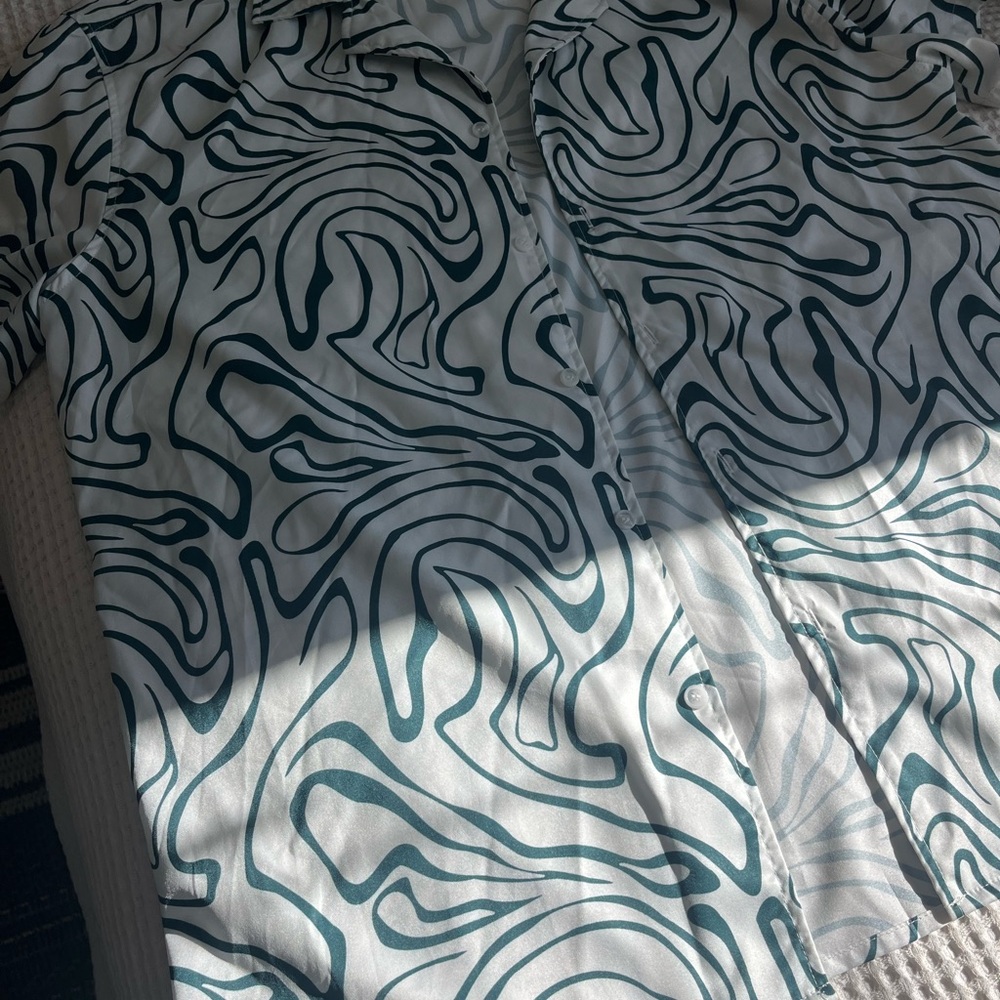 SHEIN Abstract Green and White Button Down Shirt